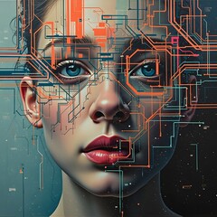 Wall Mural - a surreal portrait where traditional acrylic painting blends into an abstract digital collage filled