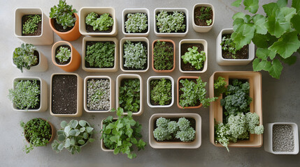 Aufkleber - A variety of small potted plants arranged neatly, showcasing different shapes, sizes, and colors, set against a light background