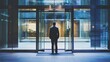 © HPMP Studio - Back view of security guard standing watch against a high-tech glass door
