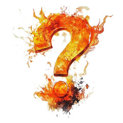 Poster - A watercolor painting depicts a question mark engulfed in fiery flames creating an abstract and intriguing visual.
