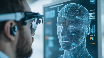 Poster - Exploring the Digital Mind: A scientist intently studies a detailed 3D holographic projection of a human head on a computer screen, wearing advanced eyewear.