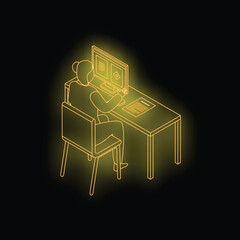 Poster - Yellow glowing neon icon of a businesswoman sitting at her desk working on a computer, viewed from behind