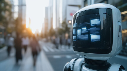Poster - Robot in City: A futuristic robot with a screen displaying multiple images stands on a busy city street at sunset. The robot's head is in focus.