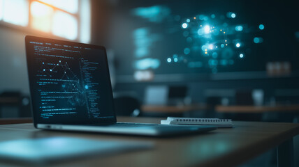 Poster - Code in the Clouds:  A laptop screen glows with lines of code,  a visual metaphor for the connection between technology and innovation.  An abstract glow of data and code swirls above.