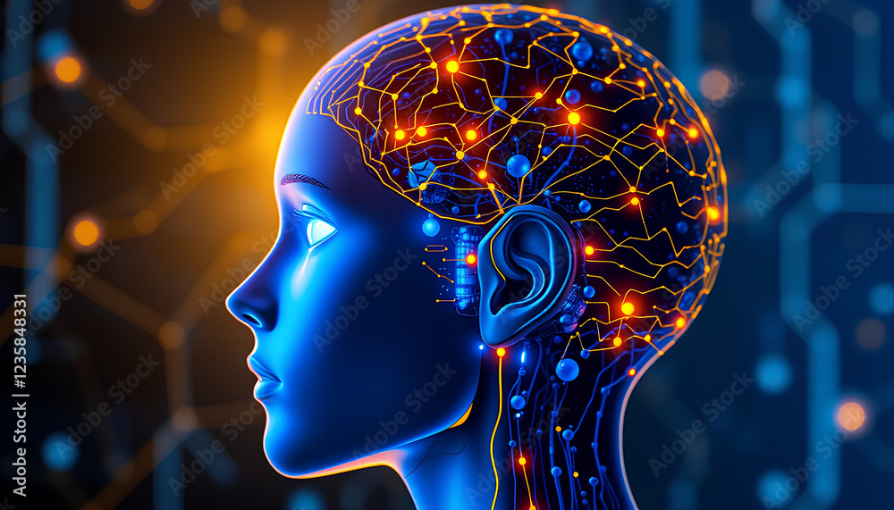 Side view of a humanoid head with blue and yellow eyes and vibrant neon ...