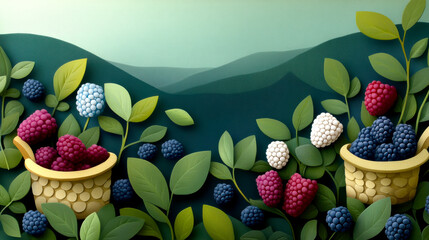 Wall Mural - A vibrant illustration of colorful raspberries and blueberries in baskets, surrounded by lush green leaves against a softly painted landscape backdrop.