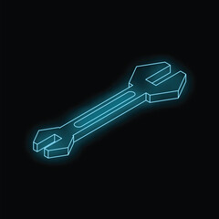 Poster - Neon blue wrench glowing on a dark background, perfect for technology and diy concepts