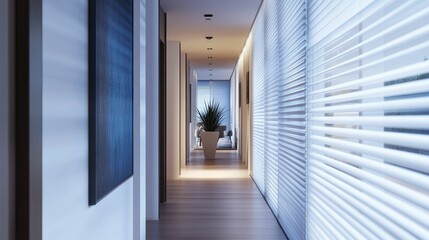 Poster - Serene modern hallway, soft light, minimalist design.