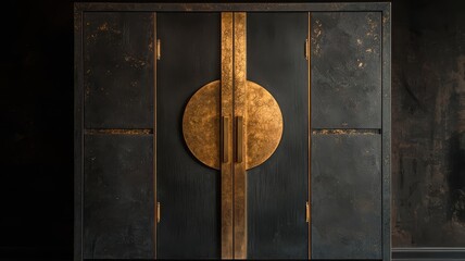 Wall Mural - Elegant black cabinet with a striking gold circular handle, showcasing modern design and sophistication, perfect for upscale interior decor.