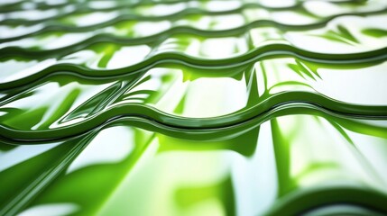 Poster - glossy green tiles with wave patterns reflecting light in a serene, modern architectural setting