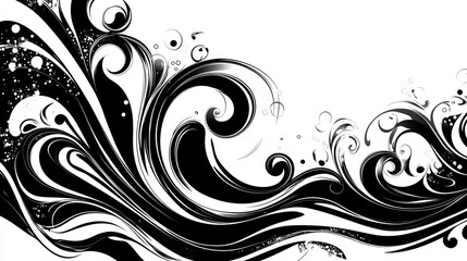 Poster - Elegant Black and White Swirling Waves Design with Intricate Patterns and Fine Details for Abstract Art and Graphic Background Usage