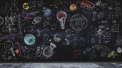 Aufkleber - Chalkboard or blackboard filled with a variety of hand drawn doodles diagrams sketches and symbols showcasing the creative process brainstorming and problem solving  The image represents education