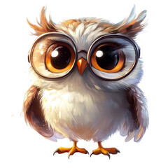 Aufkleber - A digital illustration of a cute cartoon owl wearing round glasses its large eyes and fluffy feathers stand out against a black background.