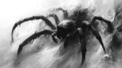 giant spider crawling, dark fantasy art, monochrome