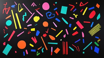 Poster - Colorful Geometric Shapes and Patterns on a Black Background Creating a Vibrant Artistic Display for Abstract and Modern Art Enthusiasts