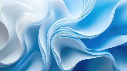 Poster - Abstract wave patterns of blue and white paper creating a fluid and serene background design for creative projects, presentations, and artistic layouts.