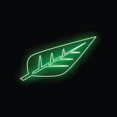 Poster - Green neon leaf glowing on a black background