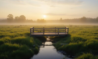 Canvas Print - Wooden bridge over serene misty landscape