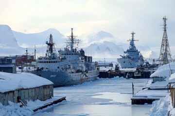 Wall Mural - Arctic port, ice-covered harbor, warships docked.