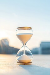 Poster - close-up of small sand timer running symbolizing patience therapy and gradual progress of mental hea