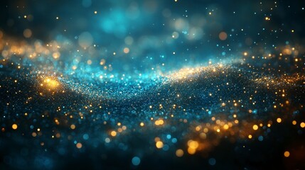 Glittering blue gold particles wave abstract background