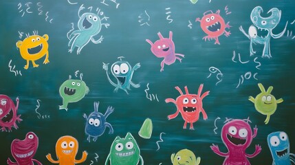 Aufkleber - Colorful and Playful Cartoon Monster with Whimsical Hand Drawn Doodle Style Characters Against a Vibrant Textured Background  Perfect for Children s Products Stationery Wallpapers Posters