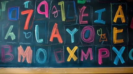 Poster - Colorful Chalkboard Alphabet Letters in Vibrant Colors Creative Typographic Background for Education Teaching Classroom Decor or Graphic Design