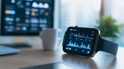 Poster - Smartwatch Analytics: A smartwatch displaying data graphs rests on a desk beside a computer monitor, showcasing modern technology and data analysis in a contemporary workspace. 