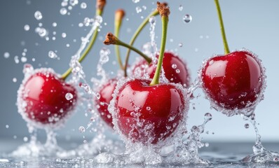 Wall Mural - Fresh red cherries splashing in water