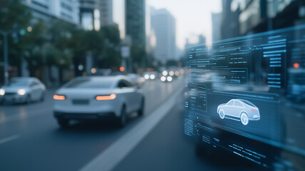 Poster - autonomous vehicle interface: a sleek digital interface showcasing real-time data overlays on a city