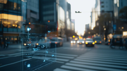 Poster - Urban Tech Interface:  A futuristic cityscape with blurred traffic and pedestrians, superimposed with a vibrant digital interface, representing the intersection of technology and urban life.