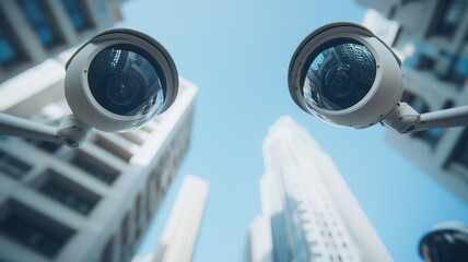 Poster - Under Constant Watch: A low angle perspective captures a pair of security cameras pointed skyward, their lenses reflecting the imposing skyscrapers and bright blue sky.