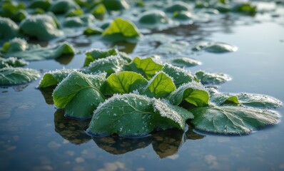 Canvas Print - Fresh green leaves over tranquil water