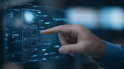 Poster - interactive digital interface: a close-up shot of a hand interacting with a futuristic, holographic 