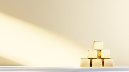 Poster - minimalistic representation of gold industry featuring gleaming gold bars stacked neatly on clean solid color background