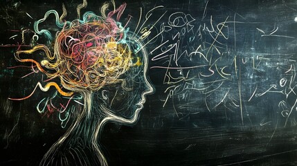 Poster - Conceptual image of a mind explosion on a chalkboard representing the creative and innovative process of thinking brainstorming and problem solving  The vibrant abstract
