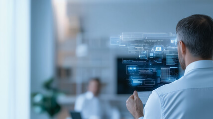 Poster - Digital Visionary: A businessman reviews holographic data projections, showcasing innovative technology and futuristic business strategies.  The image evokes a sense of forward-thinking and progress.