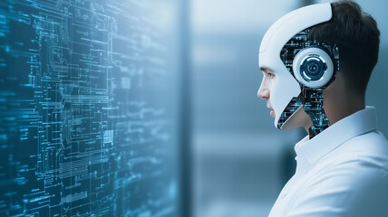 Poster - The Future of Intelligence:  A humanoid robot with a white, metallic head and circuitry design stands before a glowing digital screen.