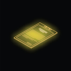 Poster - Neon yellow glowing clipboard with contract on black background, perfect for illustrating contract signing