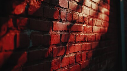 Poster - Vibrant Red Brick Wall with Intriguing Shadow Patterns Displaying Artistic Texture and Depth in Urban Environment