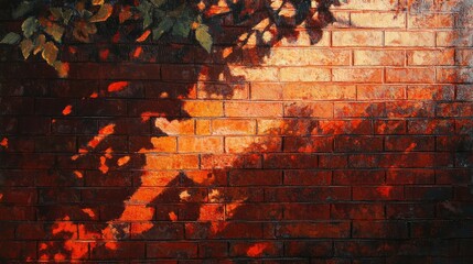 Poster - Abstract Textures of a Brick Wall with Artistic Shadow Play and Warm Color Palette Highlighting Nature's Influence in an Urban Setting