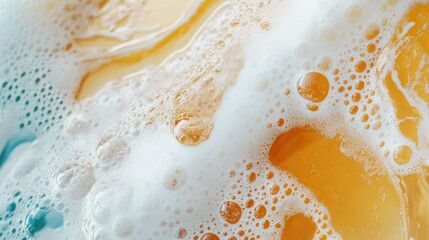 Poster - Close-Up of Bubbles in a Refreshing Beer Foam with Vivid Colors and Rich Texture, Capturing the Essence of a Cold Beverage on a Warm Day