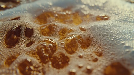 Poster - Close-Up View of Bubbles and Foam in a Refreshing Beverage with Rich Amber Color and Effervescent Texture creating an Inviting and Appetizing Visual Experience