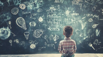 Poster - Curious young student standing in front of a chalkboard filled with drawings diagrams equations and other educational concepts  The child is exploring and brainstorming ideas demonstrating creativity