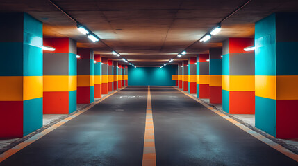 Aufkleber - A vibrant, colorful parking garage with striped walls and bright lighting, creating a modern and artistic atmosphere