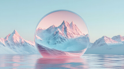 Poster - A serene snow-capped mountain landscape encapsulated in a translucent globe, reflecting pastel hues and calm waters