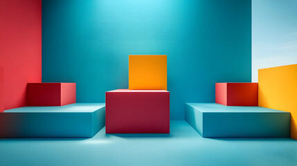 Aufkleber - A vibrant interior featuring geometric shapes in bold colors against a contrasting backdrop, creating a modern and playful atmosphere