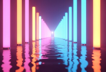 Aufkleber - Abstract neon light fluorescent Neon Lights glow ,Reflection on water,neon lights exhibition background , 3D illustration