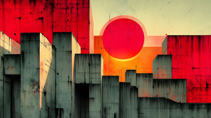 Poster - A vibrant abstract composition featuring geometric shapes, a large sun, and a striking color palette of red, orange, and muted gray
