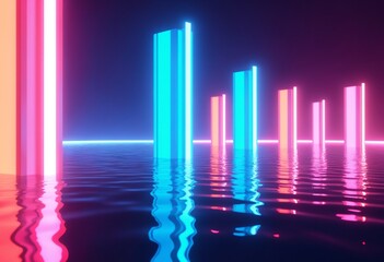 Aufkleber - Abstract neon light fluorescent Neon Lights glow ,Reflection on water,neon lights exhibition background , 3D illustration